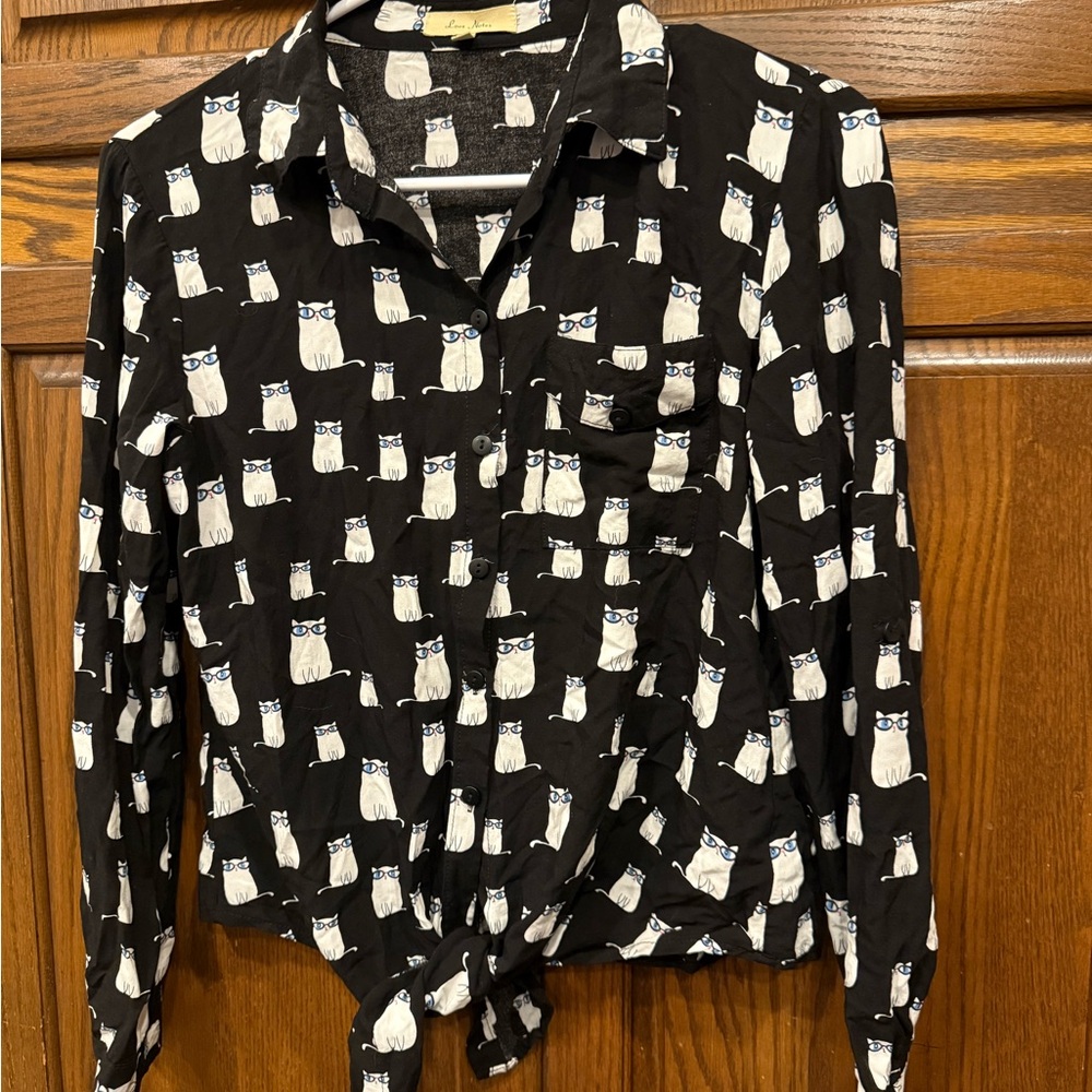 Love Notes Blouse Top S Small Cats Glasses Button Front Tie Long Sleeve